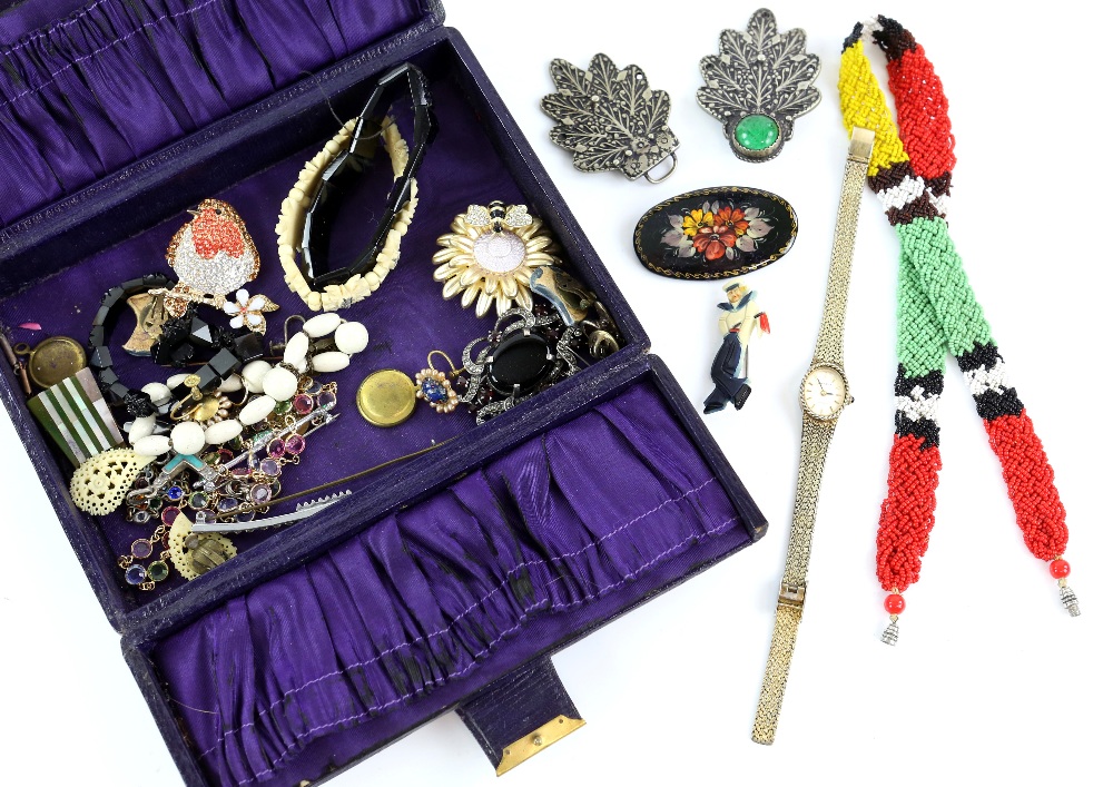 Victorian purple leather jewellery case containing silver and costume jewellery, a pair of enamel