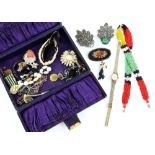Victorian purple leather jewellery case containing silver and costume jewellery, a pair of enamel
