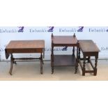 Mahogany drop leaf sofa table, together with a mahogany and boxwood inlaid two tier whatnot, and a