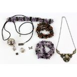 1940's foil backed glass necklace, with two amethyst and hematite necklaces, tigers eye and hematite