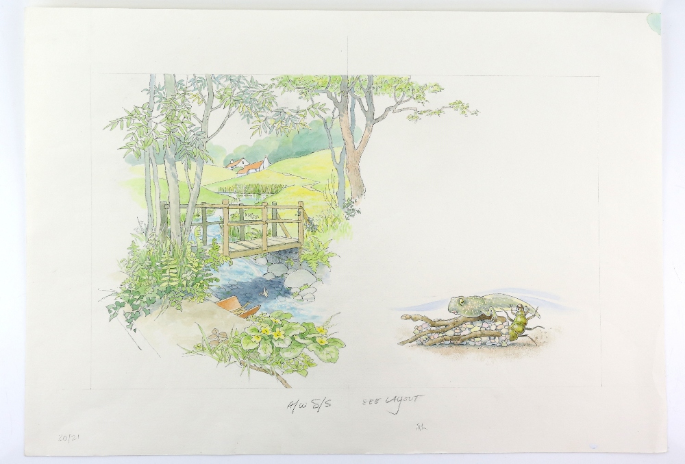 Barbara Firth (1928-2013), a bridge over a stream with a farm-house in the distance, illustration