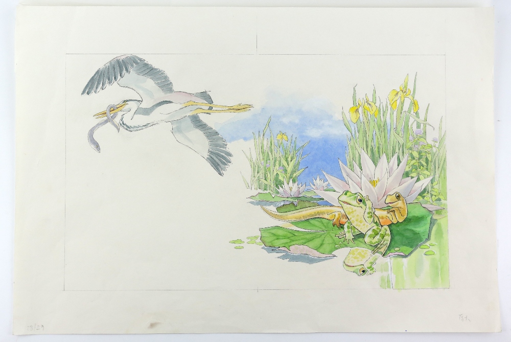 Barbara Firth (1928-2013), heron with an eel in its mouth flying over a lily pad with Rowley the