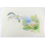 Barbara Firth (1928-2013), heron with an eel in its mouth flying over a lily pad with Rowley the