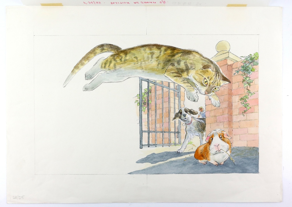 Barbara Firth (1928-2013), Cat leaping at Barnabas the Guinea pig, illustration for Barnabas Walks