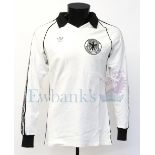 West Germany International long sleeve football shirt worn by Karl-Heinz Rummenigge (No. 11) and