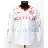 Denmark International long sleeve football shirt worn by Jesper Olsen (No. 8) and swapped with