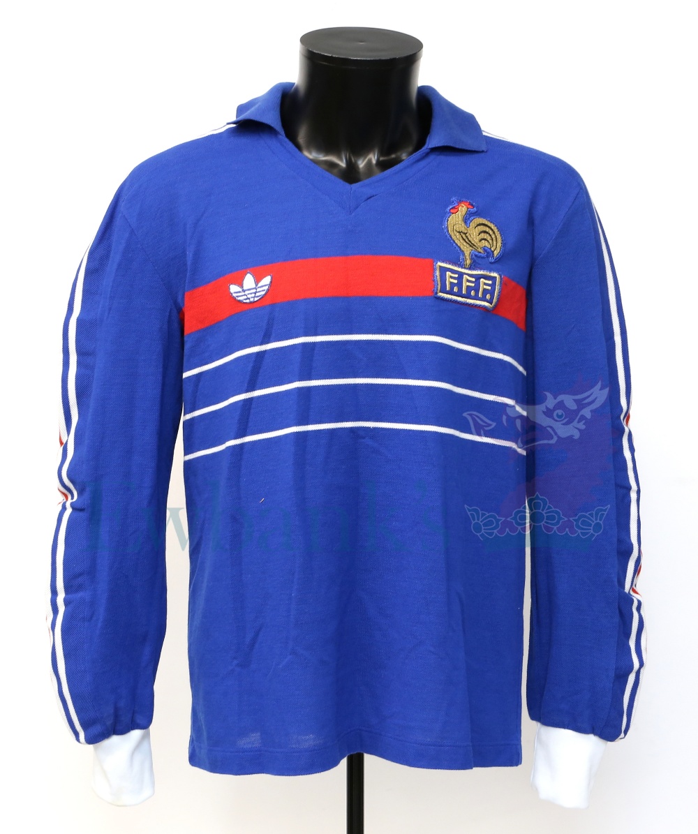 France International long sleeve football shirt worn by Patrick Battiston (No. 6) and swapped with