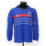 France International long sleeve football shirt worn by Patrick Battiston (No. 6) and swapped with