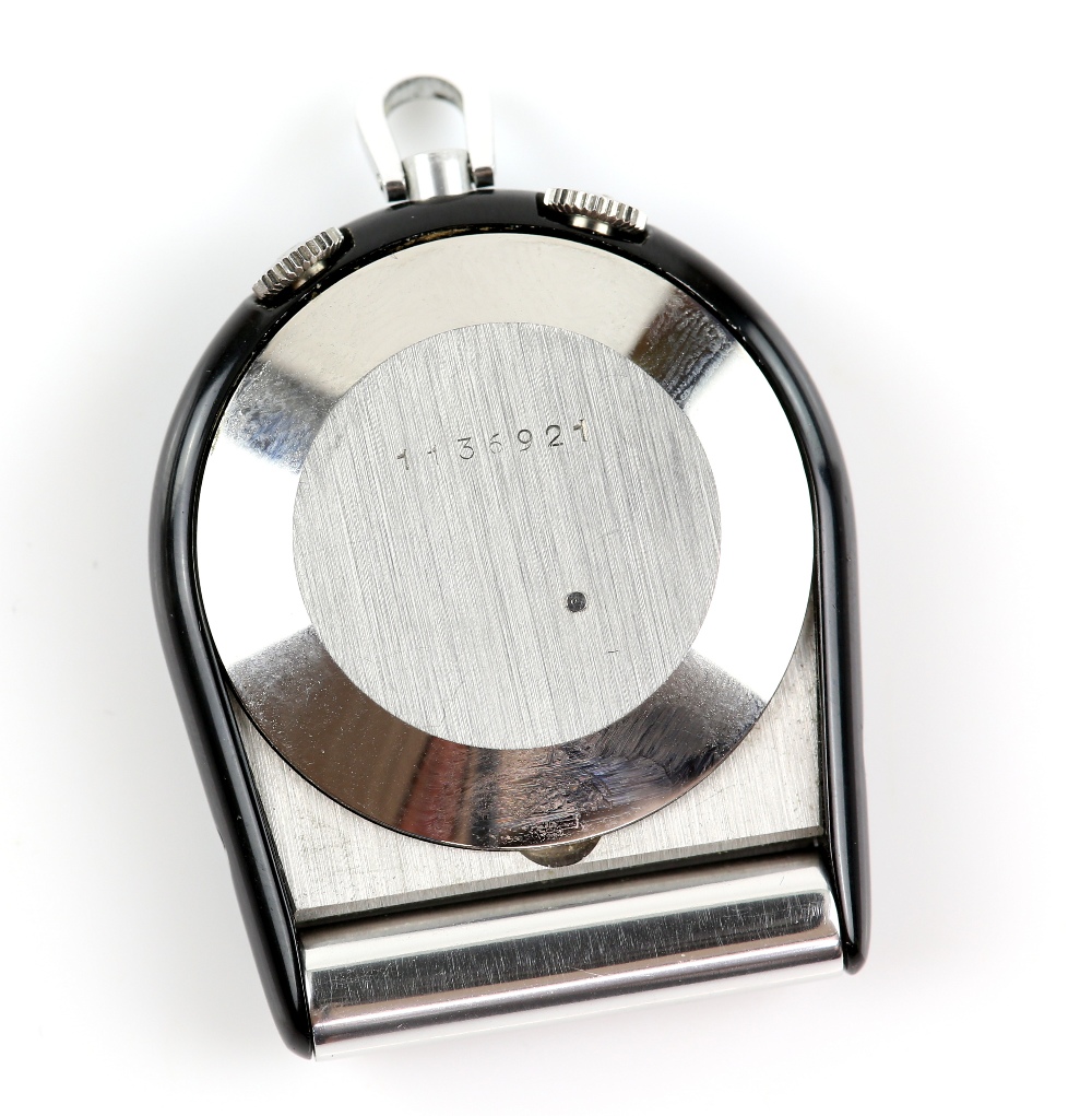 Jaeger Le Coultre travel alarm clock, in a hinged stainless steel case, with black enamel bezel - Image 4 of 4
