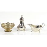 George V silver bonbon dish, London 1927, 12 cm diam., together with a silver caster with lion-