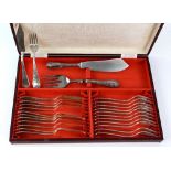 Silver-plated set of fish knives and forks, for 12 place settings, and a pair of fish servers,