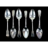 George III set of six silver dessert spoons, various dates and makers including William Comyns,