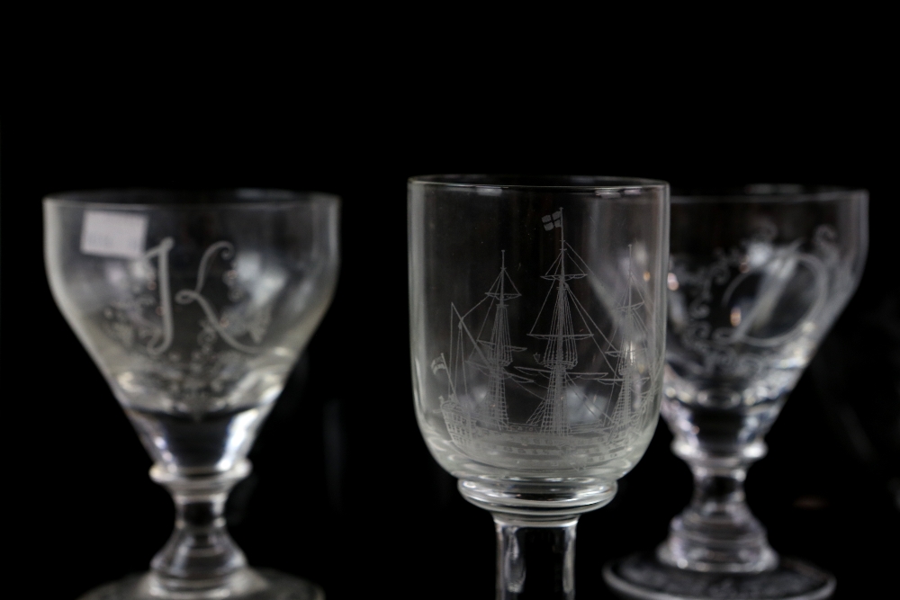 An 18th century ale glass engraved with birds and flowers, a Georgian glass rummer engraved Ann - Image 3 of 4