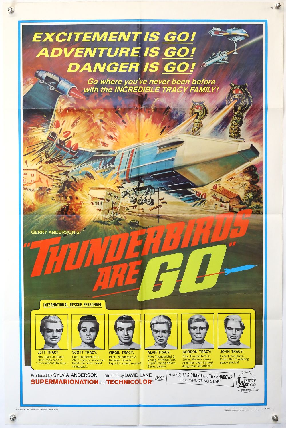 Thunderbirds Are Go (1967) US One Sheet film poster, Gerry Anderson movie, folded, 27 x 41 inches.