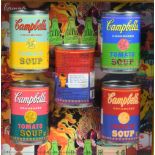 After Andy Warhol, five framed and mounted Campbell's Tomato Soup cans, with Andy Warhol printed