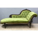 Late 19th century chaise longue, with green button back upholstery, on turned legs and castors, 76 x