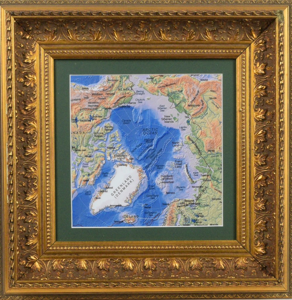 Two framed maps of Greenland and environs, advertising and tickets for Slava's Snow Show and other