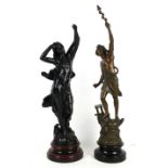 Black painted spelter figure of a woman in classical dress and another spelter figure,