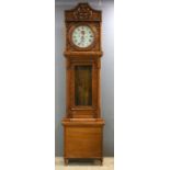 19th century and later longcase clock, round dial with Roman hour numerals and Arabic minutes,