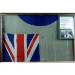 Three framed sections of an RAF ensign flag, each frame measures, 63 x 102cm. With note describing