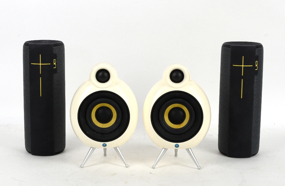 Two Ultimate Ears Bluetooth speakers, Model S-00147, together with two computer speakers (4) One