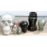 Group of items to include large plaster skull- silver painted 40cm x 36cm x 53cm, glazed
