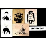 After Banksy. Six wooden stencils, five artworks including Queen Victoria and Banksy signature