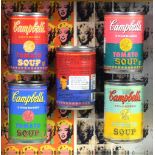 After Andy Warhol, five framed and mounted Campbell's Tomato Soup cans, with Andy Warhol printed