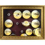 Doulton series ware 'Coaching Days' part tea service mounted and framed, and three other cases