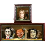 Framed Royal Doulton Oscar Wilde character jug, together with three Royal Doulton character jugs