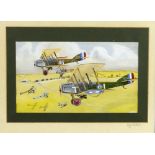 A G Parker, gouache of WWI bi-planes in flight, and another of more modern fighter aircraft,