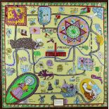 Grayson Perry silk scarf, with plaque stating 'In the second world war pilots were given maps