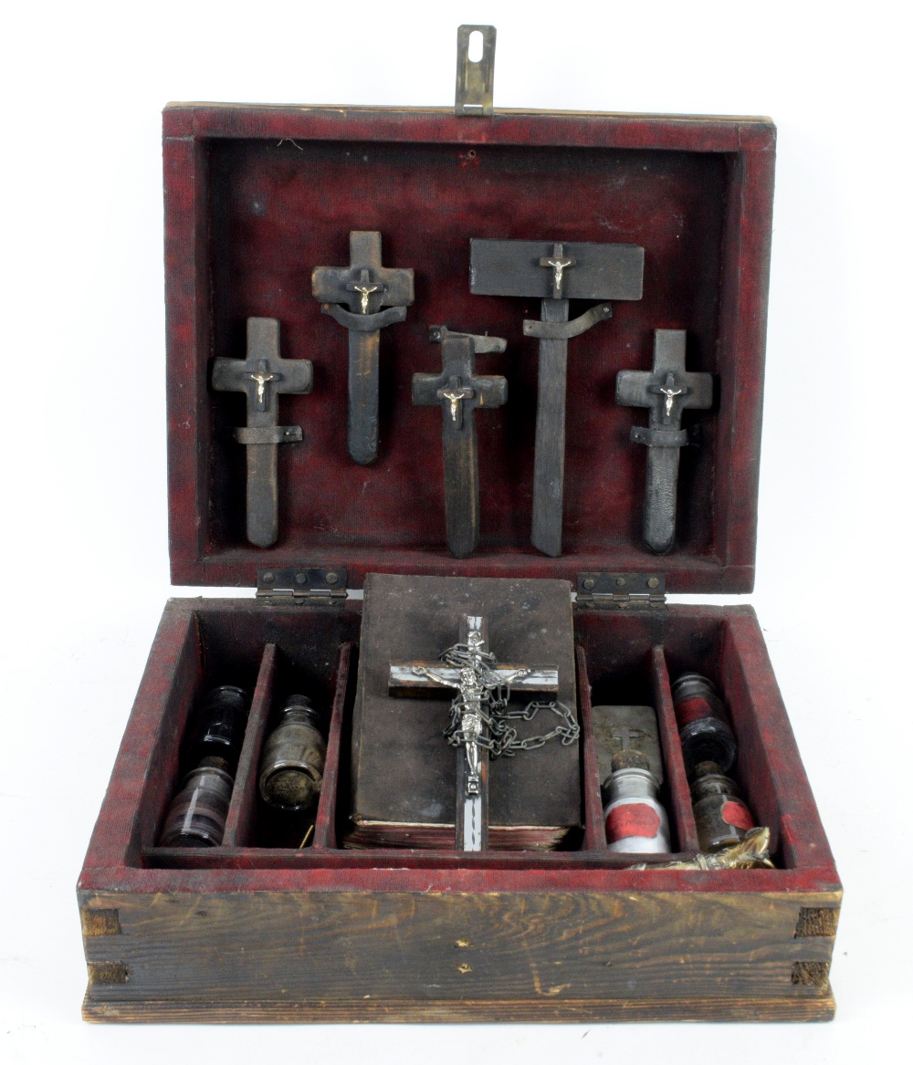 Vampire hunters kit in 20th century stained pine box, with wooden crucifixes (4), wooden hammer,