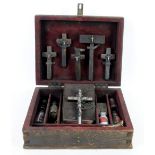 Vampire hunters kit in 20th century stained pine box, with wooden crucifixes (4), wooden hammer,