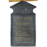 A church 'Times of Service' sign, 111.5 x 64cm. With 'Pine Props', written verso in black ink.