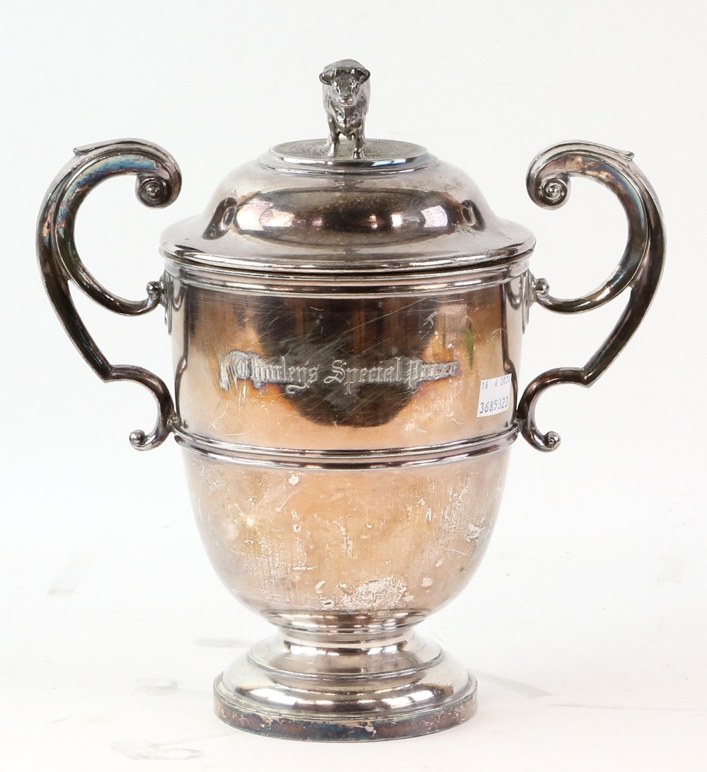 Silver plated 'Thorley's Special Prize' silver trophy cup with bull finial, two mounted and framed - Image 4 of 5