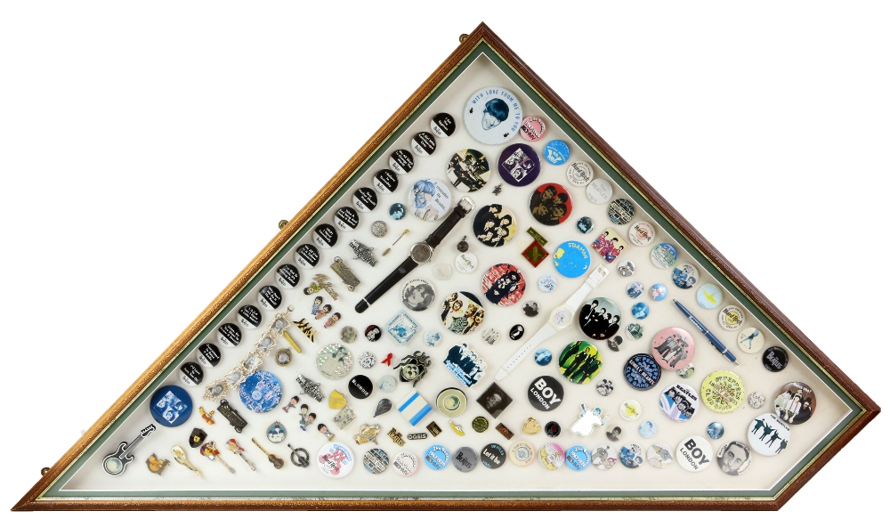 Collection of vintage badges and lapel pins including The Beatles, Blondie, Rocky Horror and others,