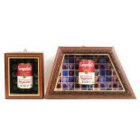 Two framed and mounted Campbell's Old Fashioned Vegetable soup cans, framed and mounted and small