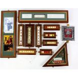 A group of framed items including various Beatles related Scrabble counters, framed concert