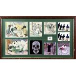 Four framed erotic Japanese pen and ink wash drawings with other images in the same frame and