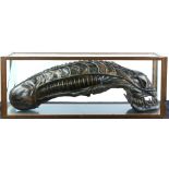 Alien Xenomorph creature head in case, 90 x 24 cm. Very minor damage to item. One glass panel