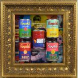 After Andy Warhol, five framed and mounted Campbell's Tomato Soup cans, with Andy Warhol printed