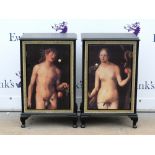 Pair of contemporary bedside cupboards, the single cupboard doors with printed image of Adam and Eve