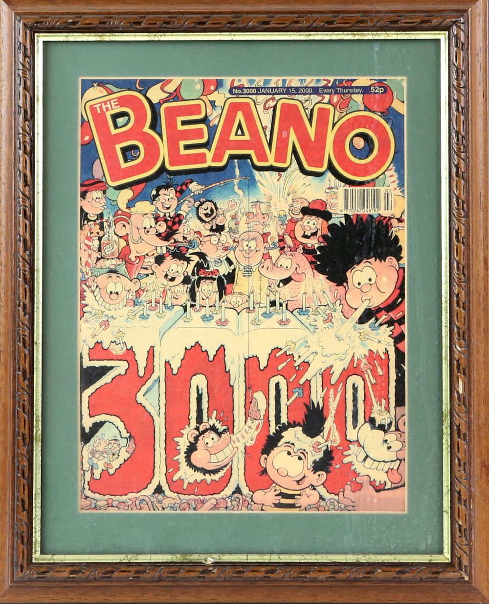 Framed items to include a framed copy of the Beano comic from the year 2000; Agent Provocateur
