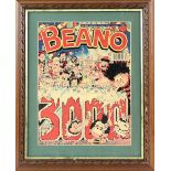 Framed items to include a framed copy of the Beano comic from the year 2000; Agent Provocateur