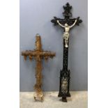 Large cast-iron crucifix, with Christ on the cross above Saint to base, 156 x 46cm, together with