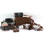 Kodak Retina Reflex S camera, 50mm and 135mm Schneider lens in leatherette case, Kodak Recula Sprint