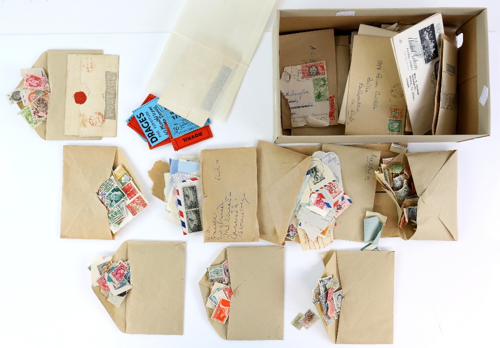 Small shoebox of various World Stamps in envelopes including Great Britain 1930's 2 Shilling and 3