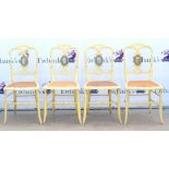 20th century, Set of 4 white painted French dining chairs with painted porcelain plaques to