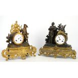 19th century French parcel gilt spelter mantle clock, the case with urn and young man with staff,